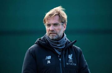 Klopp takes training at Liverpool's Melwood base.