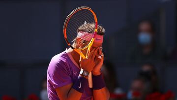 MADRID, SPAIN - MAY 07: Rafael Nadal of Spain reacts during their Quarter Final match against Alexander Zverev of Germany during Day Nine of the Mutua Madrid Open at La Caja Magica on May 07, 2021 in Madrid, Spain. (Photo by Clive Brunskill/Getty Images)