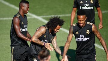 Vinicius, Marcelo y Militao, en el entrenamiento del Madrid.