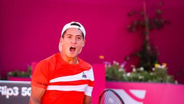 ESTORIL, PORTUGAL - APRIL 28: Sebastien Baez from Argentina celebrates match point while competes against Marin Cilic from Croatia during Millennium Estoril Open ATP 250 tennis tournament, at the Clube de Tenis do Estoril on April 28, 2022 in Estoril, Portugal. (Photo by Carlos Rodrigues/Getty Images)