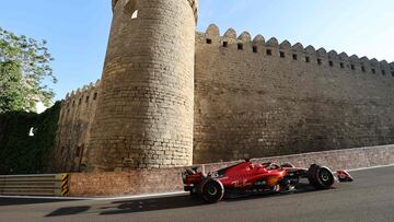 Ferrari's Monegasque driver Charles Leclerc steers his car during the qualifying session for the Formula One Azerbaijan Grand Prix at the Baku City Circuit in Baku on April 28, 2023. (Photo by Giuseppe CACACE / AFP)