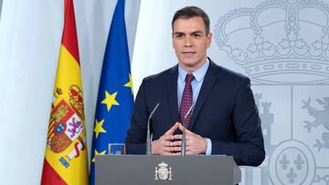 El presidente del Gobierno, Pedro <b>Sánchez</b>, en su comparecencia en La Moncloa -sin la presencia de los medios de comunicación- tras el Consejo de Ministros extraordinario que ha aprobado un primer paquete de medid