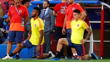 James Rodr&iacute;guez y Miguel Borja durante un entrenamiento de la Selecci&oacute;n Colombia en Mosc&uacute;