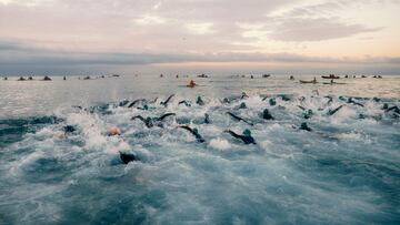 CALELLA, SPAIN - OCTOBER 06: Pro male athletes compete in the swim leg of IRONMAN Calella-Barcelona on October 06, 2024 in Calella, Barcelona province, Spain. (Photo by Pablo Blazquez Dominguez/Getty Images for IRONMAN)