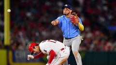 Aug 19, 2023; Anaheim, California, USA; Los Angeles Angels designated hitter Shohei Ohtani (17) is out at second as Tampa Bay Rays second baseman Isaac Paredes (17) throws to first during the sixth inning at Angel Stadium. Mandatory Credit: Gary A. Vasquez-USA TODAY Sports