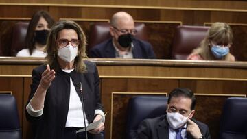 La vicepresidenta tercera y ministra para la Transición Ecológica y el Reto Demográfico, Teresa Ribera, interviene en una sesión plenaria, en el Congreso de los Diputados, a 6 de abril de 2022, en Madrid (España). La oposición pregunta hoy al Gobierno sob