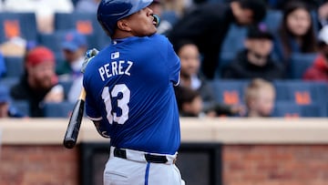 NEW YORK, NEW YORK - APRIL 13: Salvador Perez #13 of the Kansas City Royals watches what would be ruled a two-run home run in the bottom of the fourth inning during the game against the New York Mets at Citi Field on April 13, 2024 in New York City. The Royals defeated the Mets 11-7.   Christopher Pasatieri/Getty Images/AFP (Photo by Christopher Pasatieri / GETTY IMAGES NORTH AMERICA / Getty Images via AFP)