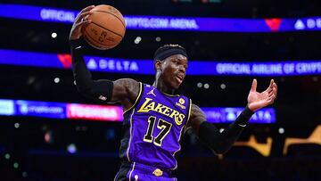 January 20, 2023; Los Angeles, California, USA; Los Angeles Lakers guard Dennis Schroder (17) gets a rebound against the Memphis Grizzlies during the second half at Crypto.com Arena. Mandatory Credit: Gary A. Vasquez-USA TODAY Sports