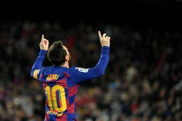 Barcelona's Argentine forward Lionel Messi celebrates scoring.