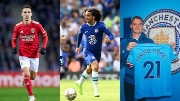 Alejandro Grimaldo, Marc Cucurella y Sergio Gómez, jugadores del Benfica, Chelsea y Manchester City.