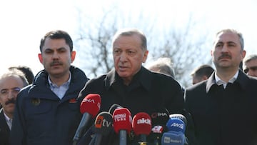 GAZIANTEP, TURKIYE - FEBRUARY 09: Turkish President Recep Tayyip Erdogan speaks to press at the tent city set up by Disaster and Emergency Management Authority (AFAD) of Turkiye after 7.7 and 7.6 magnitude earthquakes hit multiple provinces of Turkiye including Gaziantep, Turkiye on February 09, 2023. Early Monday morning, a strong 7.7 earthquake, centered in the Pazarcik district, jolted Kahramanmaras and strongly shook several provinces, including Gaziantep, Sanliurfa, Diyarbakir, Adana, Adiyaman, Malatya, Osmaniye, Hatay, and Kilis. Later, at 13.24 p.m. (1024GMT), a 7.6 magnitude quake centered in Kahramanmaras' Elbistan district struck the region. Turkiye declared 7 days of national mourning after deadly earthquakes in southern provinces. (Photo by Murat Kula/Anadolu Agency via Getty Images)