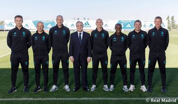 Florentino Pérez with the first team squad technical department From left to right: José Carlos (recovery specialist), Antonio Pintus (physical trainer), Zidane (coach), Florentino Pérez (president), David Bettoni (second coach), Hamidou Msaidie (Assistan