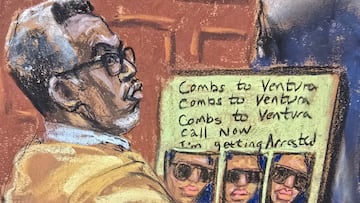 Sean "Diddy" Combs ve a la fiscal federal adjunta Emily Johnson mostrar mensajes de texto entre él y Cassie Ventura durante su juicio en la ciudad de Nueva York, EE. UU.
