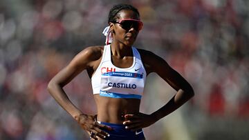 Chile's Berdine Pierre Castillo Lillo gestures before competing in the women's 800m semifinal heat 2 of the Pan American Games Santiago 2023 at the National Stadium in Santiago, on November 3, 2023. (Photo by MAURO PIMENTEL / AFP)