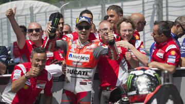 SCARPERIA, ITALY - JUNE 02:  Jorge Lorenzo of Spain and Ducati Team  celebrates with team the second place in MotoGP at the end of the qualifying practice during the MotoGp of Italy - Qualifying at Mugello Circuit on June 2, 2018 in Scarperia, Italy.  (Ph