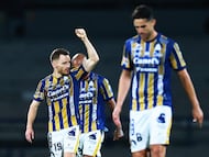 Soccer Football - Liga MX - Pumas UNAM v Atletico San Luis - Estadio Olimpico Universitario, Mexico City, Mexico - October 22, 2025 Atletico San Luis' Sebastien Salles-Lamonge celebrates scoring their first goal REUTERS/Eloisa Sanchez