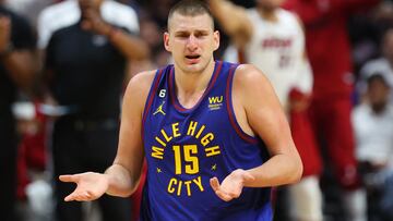 MIAMI, FLORIDA - JUNE 07: Nikola Jokic #15 of the Denver Nuggets reacts during the second quarter against the Miami Heat in Game Three of the 2023 NBA Finals at Kaseya Center on June 07, 2023 in Miami, Florida. NOTE TO USER: User expressly acknowledges and agrees that, by downloading and or using this photograph, User is consenting to the terms and conditions of the Getty Images License Agreement. Mike Ehrmann/Getty Images/AFP (Photo by Mike Ehrmann / GETTY IMAGES NORTH AMERICA / Getty Images via AFP)