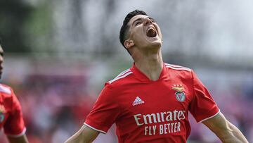 Un jugador del equipo juvenil del Benfica celebra un gol en las semifinales de la Youth League ante la Juventus de Tur&iacute;n.