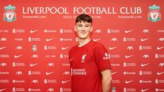 KIRKBY, ENGLAND - JUNE 19: New Liverpool signing Calvin Ramsey signs for the club at AXA Training Centre on June 19, 2022 in Kirkby, England. (Photo by Nick Taylor/Liverpool FC/Liverpool FC via Getty Images)