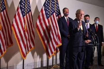 WASHINGTON, DC - SEPTEMBER 09: U.S. Senate Majority Leader Mitch McConnell (R-KY) speaks to members of the media after the weekly Senate Republican policy luncheon at Hart Senate Office Building September 9