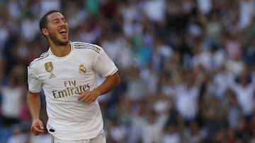 05 October 2019, Spain, Madrid: Real Madrid&#039;s Eden Hazard celebrates scoring during the Spanish Primera Division soccer match between Real Madrid and FC Granada at the Santiago Bernarbeu stadium. Photo: Manu Reino/SOPA Images via ZUMA Wire/dpa
 
 
 0