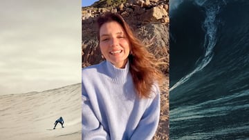 Maya Gabeira hablando y con una ola gigante en Nazaré de fondo