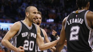 FILE - In this March 31, 2017, file photo, San Antonio Spurs guard Manu Ginobili (20) and center Pau Gasol, obscured at center, celebrate with teammate Kawhi Leonard (2) after a basket with 5.8 second left by Leonard in the fourth quarter of an NBA basketball game in Oklahoma City. The Spurs have watched franchises in Cleveland, Los Angeles, Boston, Chicago and elsewhere bottom out after losing a foundational star. Not only have they not bottomed out, they enter the Western Conference playoffs eyeing a sixth championship.(AP Photo/Sue Ogrocki, File)