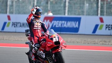 Second-placed RedBull GASGAS Tech3's Spanish rider Pedro Acosta celebrates after the MotoGP race of the Indonesian Grand Prix at the Mandalika International Circuit in Mandalika, West Nusa Tenggara on September 29, 2024. (Photo by BAY ISMOYO / AFP)