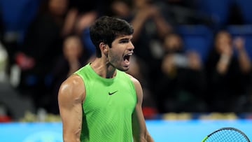 Tennis - Qatar Open - Khalifa International Tennis and Squash Complex, Doha, Qatar - February 20, 2026 Spain's Carlos Alcaraz celebrates winning his semi final match against Russia's Andrey Rublev REUTERS/Mohammed Salem