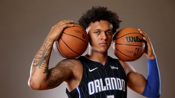 LAS VEGAS, NEVADA - JULY 15: Paolo Banchero #5 of the Orlando Magic poses during the 2022 NBA Rookie Portraits at UNLV on July 15, 2022 in Las Vegas, Nevada. NOTE TO USER: User expressly acknowledges and agrees that, by downloading and/or using this photograph, User is consenting to the terms and conditions of the Getty Images License Agreement. (Photo by Gregory Shamus/Getty Images)