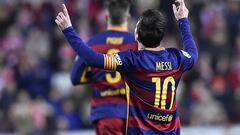 Lionel Messi celebrates after scoring against Sporting. 