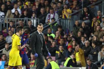 Distraught Dembélé walks off during Barcelona's game against Dortmund.