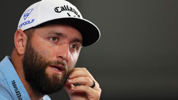 ATLANTA, GEORGIA - AUGUST 22: Jon Rahm of Spain speaks to the media prior to the TOUR Championship at East Lake Golf Club on August 22, 2023 in Atlanta, Georgia.   Kevin C. Cox/Getty Images/AFP (Photo by Kevin C. Cox / GETTY IMAGES NORTH AMERICA / Getty Images via AFP)