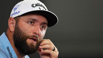 ATLANTA, GEORGIA - AUGUST 22: Jon Rahm of Spain speaks to the media prior to the TOUR Championship at East Lake Golf Club on August 22, 2023 in Atlanta, Georgia. Kevin C. Cox/Getty Images/AFP (Photo by Kevin C. Cox / GETTY IMAGES NORTH AMERICA / Getty Images via AFP)