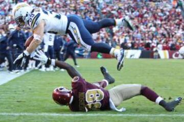 San Diego Chargers-Washington Redskins.Danny Woodhead (39) con el balón y David Amerson (39).