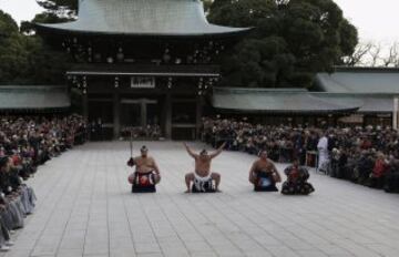 Los dos luchadores que compiten bajo los nombres de Yokozuna Kakuryu y Harumafuji son originarios de Mongolia. La ceremonia de ingreso al ring en la que se hace una ofrenda a los dioses sintoístas dura dos minutos.