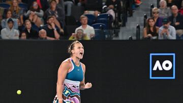 Belarus' Aryna Sabalenka reacts while playing against Poland's Magda Linette during their women's singles semi-final match on day eleven of the Australian Open tennis tournament in Melbourne on January 26, 2023. (Photo by Paul CROCK / AFP) / -- IMAGE RESTRICTED TO EDITORIAL USE - STRICTLY NO COMMERCIAL USE --