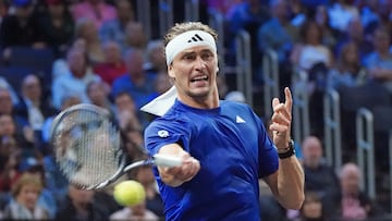 Sep 20, 2025; San Francisco, CA, USA; Team Europe player Alexander Zverev returns a ball from Team World Player Alex de Minaur during the Laver Cup at Chase Center. Mandatory Credit: David Gonzales-Imagn Images