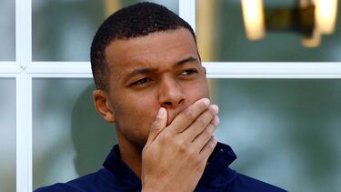 French forward Kylian Mbappe waits for the arrival of French President for a lunch at the team's training camp, as part of the team's preparation for the UEFA Euro 2024 European football championships in Clairefontaine-en-Yvelines on June 3, 2024. (Photo by Sarah Meyssonnier / POOL / AFP)