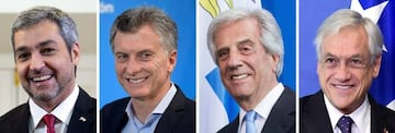 (L-R) Paraguay's President Mario Abdo Benitez in Santiago, on July 3, 2018, Argentina's President Mauricio Macri in Buenos Aires on October 24, 2016, Uruguay's President Tabare Vazquez in Berlin on February 8, 2017 and Chile's President Sebastian Pinera i