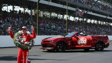 INDIANAPOLIS, INDIANA - MAY 29: Marcus Ericsson of Sweden, driver of the #5 Chip Ganassi Racing Honda, poses on the finish line yard of bricks after winning the 106th Running of The Indianapolis 500 at Indianapolis Motor Speedway on May 29, 2022 in Indianapolis, Indiana. (Photo by Jamie Squire/Getty Images)