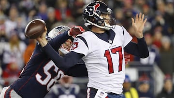 Jan 14, 2017; Foxborough, MA, USA; New England Patriots outside linebacker Shea McClellin (58) hits Houston Texans quarterback Brock Osweiler (17) as he throws during the third quarter in the AFC Divisional playoff game at Gillette Stadium. Mandatory Credit: Winslow Townson-USA TODAY Sports