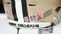 JACKSONVILLE, FLORIDA - SEPTEMBER 12: A sticker commemorating the September 11, 2001 terrorist attacks is seen on a New Orleans Saints helmet during the game between the New Orleans Saints and the Green Bay Packers at TIAA Bank Field on September 12, 2021