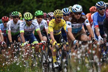 Julian Alaphilippe con el pelotón.