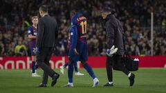 Demb&eacute;l&eacute; abandona lesionado el terreno de juego ante el Dortmund. 