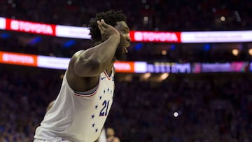 PHILADELPHIA, PA - MAY 02: Joel Embiid #21 of the Philadelphia 76ers reacts after dunking the ball against the Toronto Raptors in the fourth quarter of Game Three of the Eastern Conference Semifinals at the Wells Fargo Center on May 2, 2019 in Philadelphia, Pennsylvania. The 76ers defeated the Raptors 116-95. NOTE TO USER: User expressly acknowledges and agrees that, by downloading and or using this photograph, User is consenting to the terms and conditions of the Getty Images License Agreement.   Mitchell Leff/Getty Images/AFP
 == FOR NEWSPAPERS, INTERNET, TELCOS &amp; TELEVISION USE ONLY ==