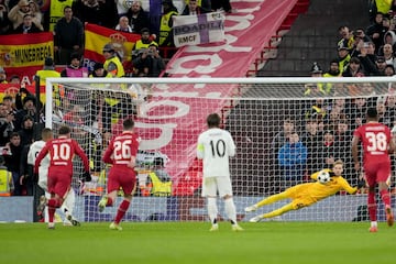 El delantero francés del Real Madrid lanza con pierna derecha desde los once metros a la izquierda de Caoimhín Kelleher y adivina el disparo.Gran parada del portero del Liverpool.