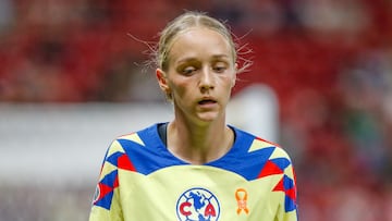Sarah Luebbert of America during the Quarterfinals first leg match between Guadalajara and America as part of the Torneo Clausura 2024 Liga MX Femenil at Akron Stadium, on May 09, 2024 in Guadalajara, Jalisco, Mexico.