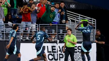Aug 3, 2025; Seattle, WA, USA; Seattle Sounders FC forward Georgi Minoungou (93) celebrates after scoring a goal against Santos Laguna during the second half at Lumen Field. Mandatory Credit: Joe Nicholson-Imagn Images