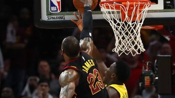 CLEVELAND, OH - APRIL 25: LeBron James #23 of the Cleveland Cavaliers blocks the shot of Victor Oladipo #4 of the Indiana Pacers late Game Five of the Eastern Conference Quarterfinals during the 2018 NBA Playoffs at Quicken Loans Arena on April 25, 2018 in Cleveland, Ohio. NOTE TO USER: User expressly acknowledges and agrees that, by downloading and or using this photograph, User is consenting to the terms and conditions of the Getty Images License Agreement. Cleveland won the game 98-95 to take a 3-2 series lead.   Gregory Shamus/Getty Images/AFP
 == FOR NEWSPAPERS, INTERNET, TELCOS &amp; TELEVISION USE ONLY ==